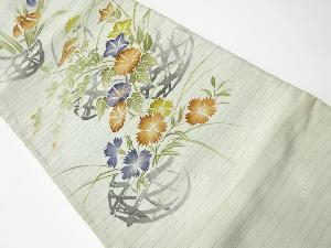 アンティーク　絽　籠に花々模様刺繍名古屋帯（着用可）